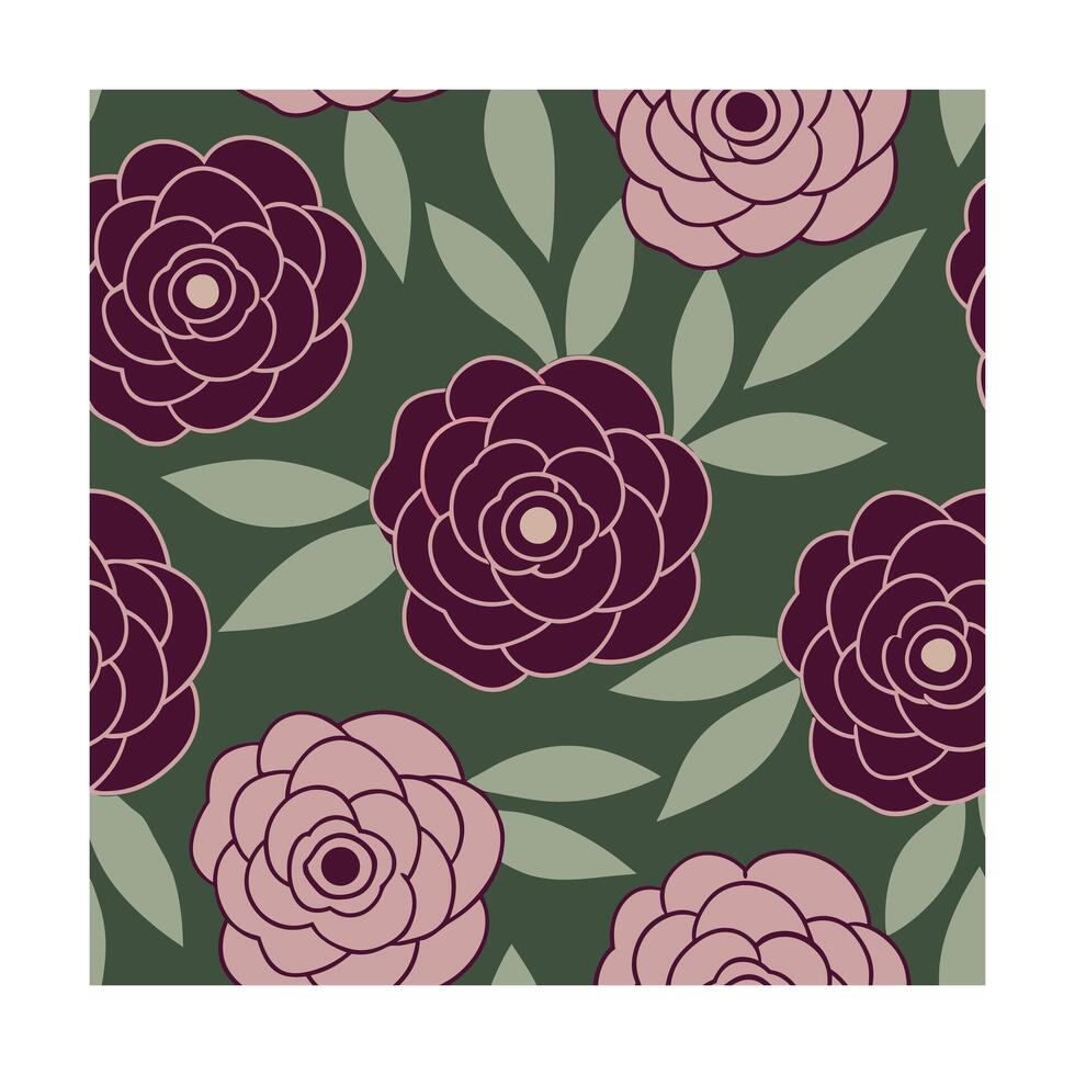 Floral Pattern with Stylized Roses Leaves in Burgundy Pink on Green Flower Flowers vector