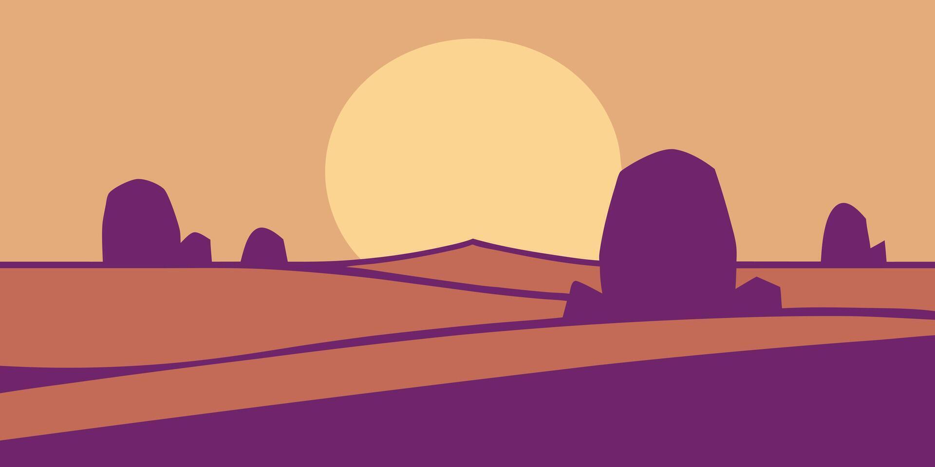 Flat graphic a desert landscape with silhouetted boulders a large sun vector