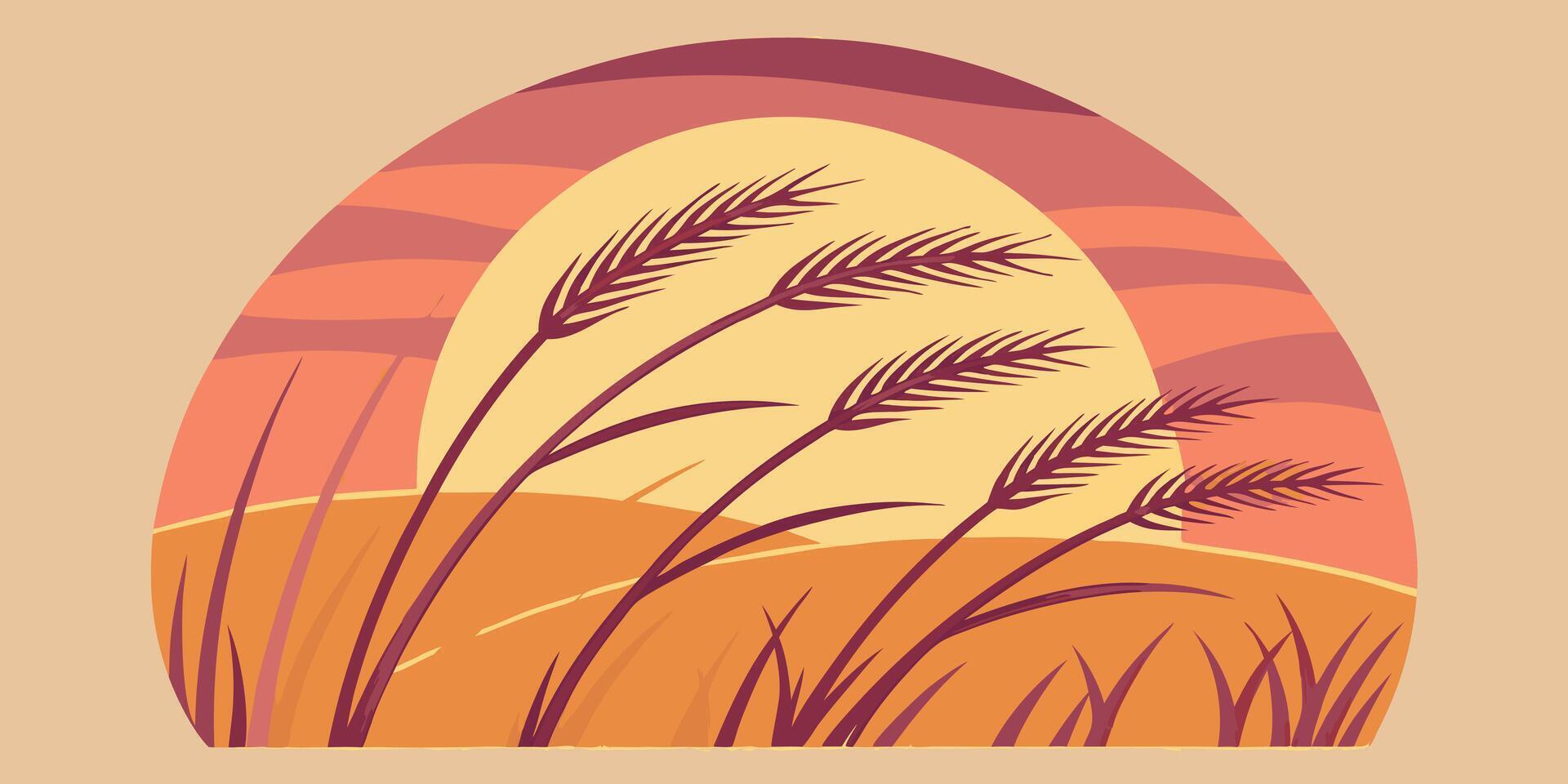 Graphic sunset behind stylized wheat tall desert grasses in warm orange tones landscape vector