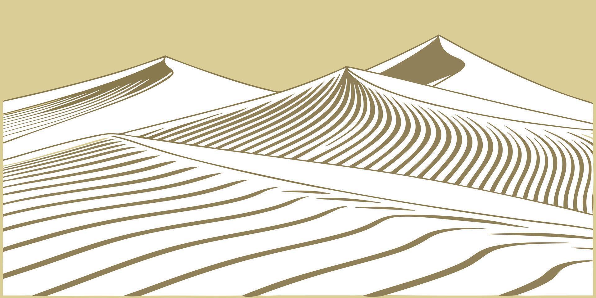 Graphic desert dunes with wind lines in tan against a beige sand landscape vector