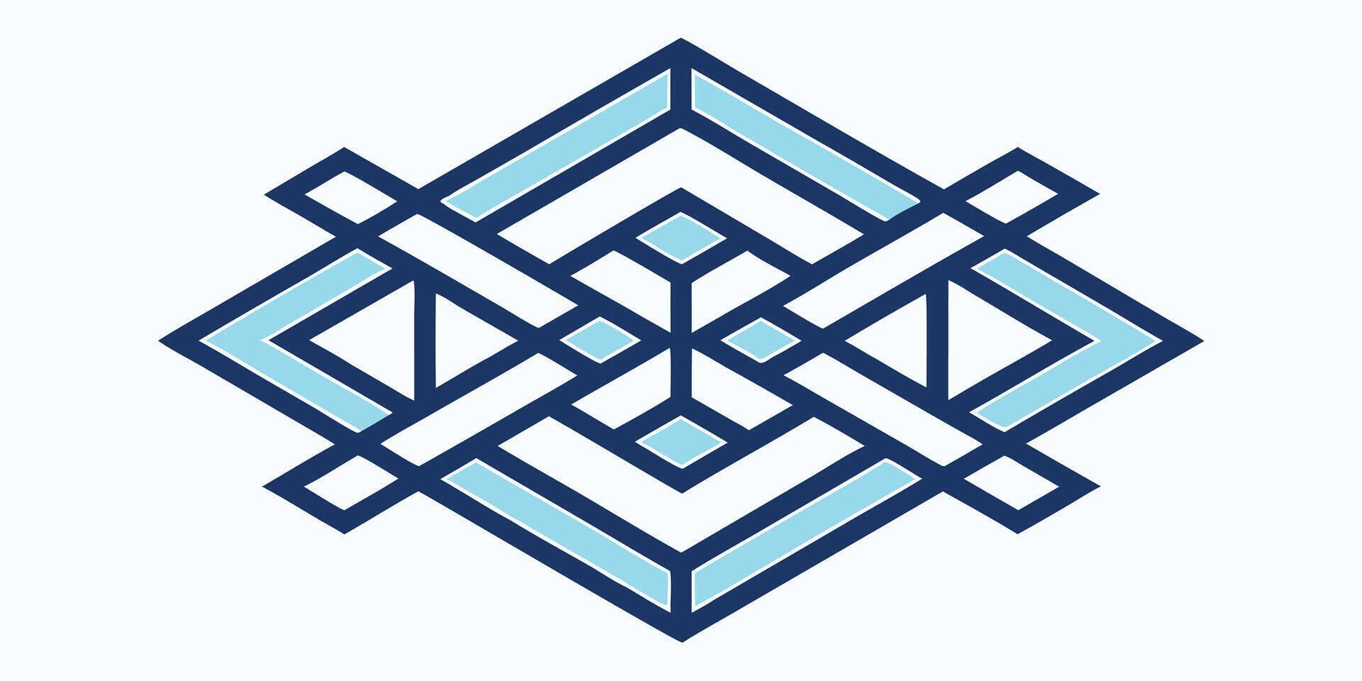 Geometric line art mesh interlocking rhombuses in navy light blue colors on vector