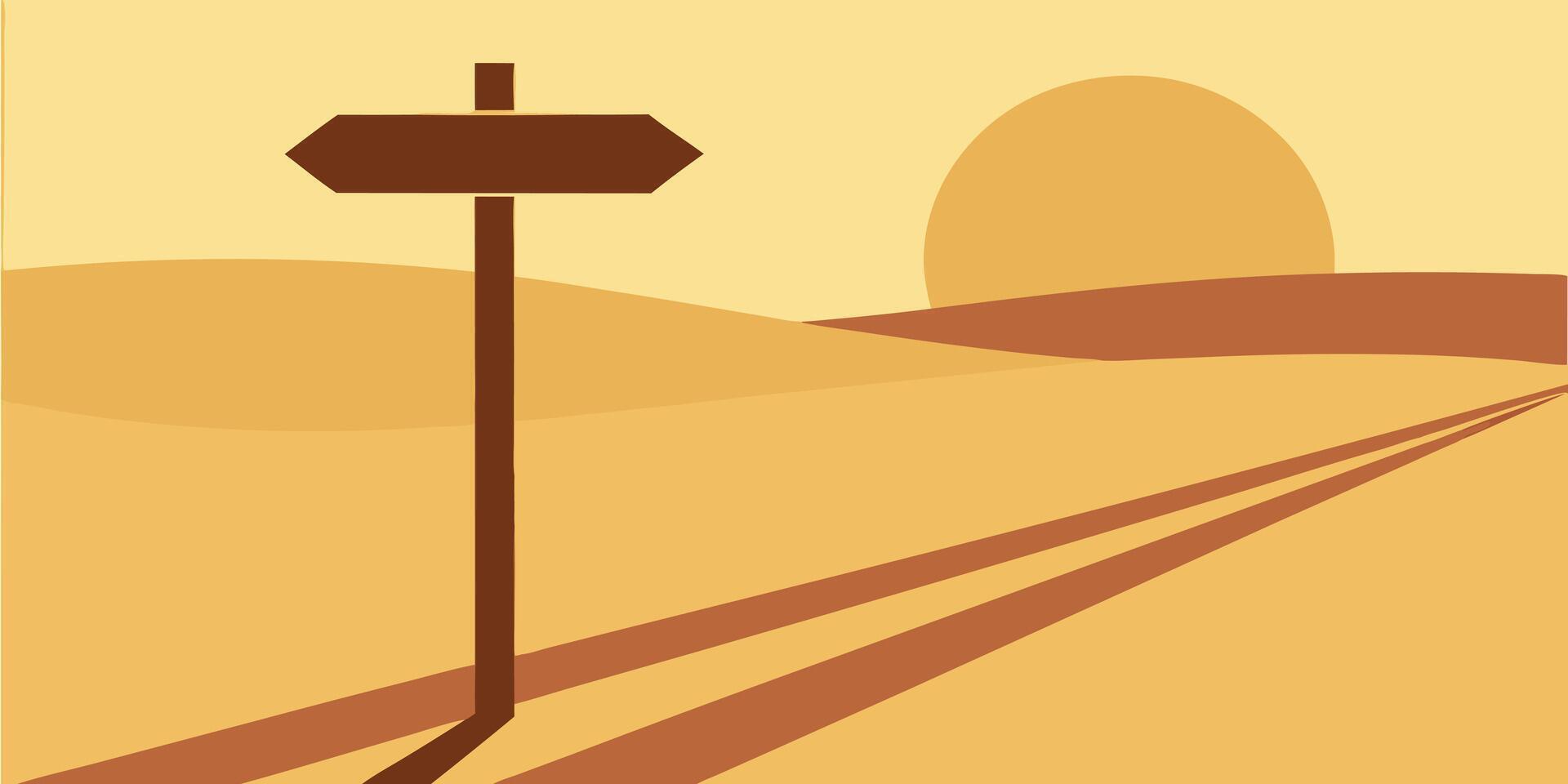 Brown road sign in a desert landscape with sun road lines vector
