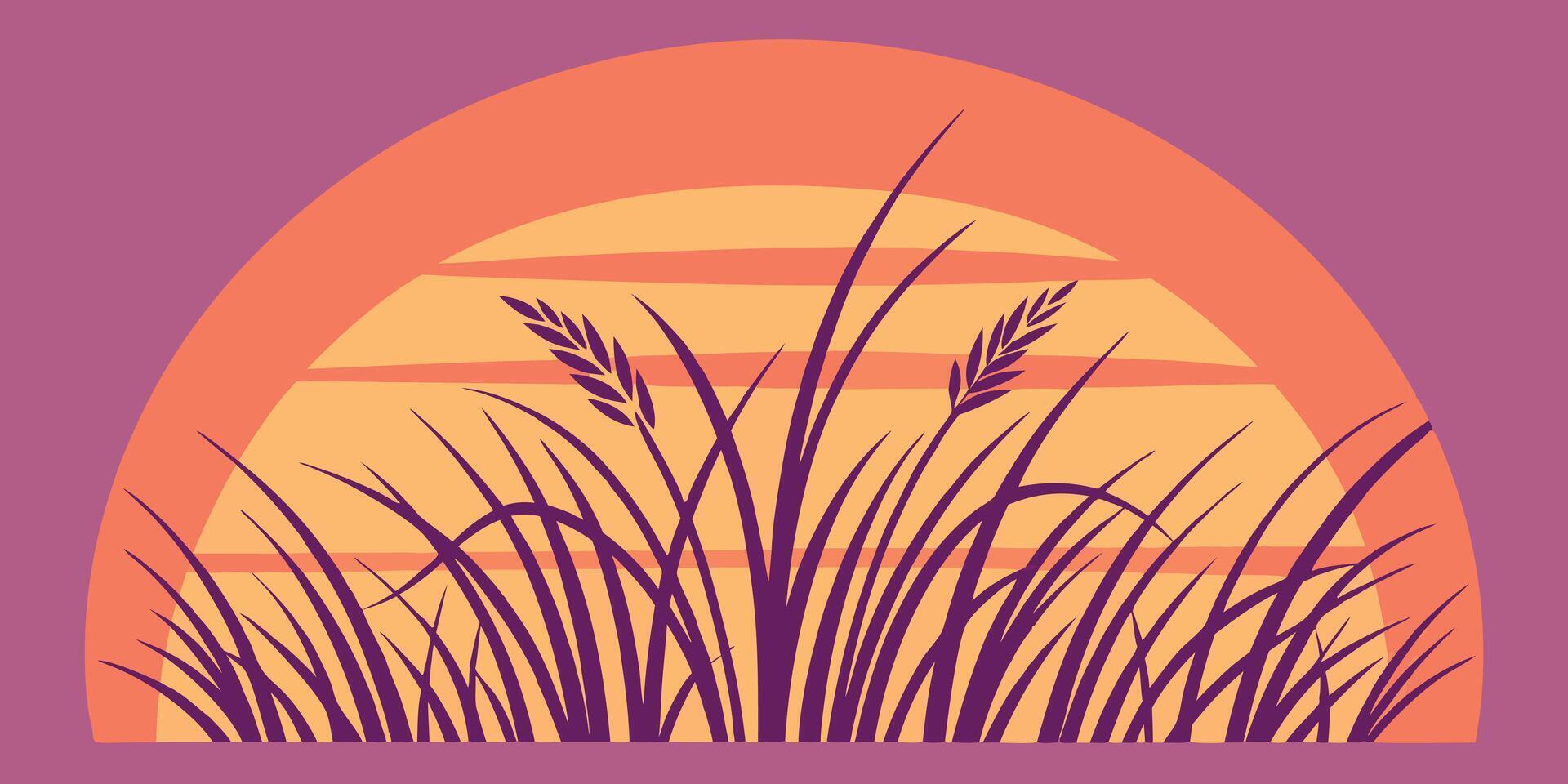 Graphic sunset behind tall purple grasses with orange sun purple sky Desertcore vector