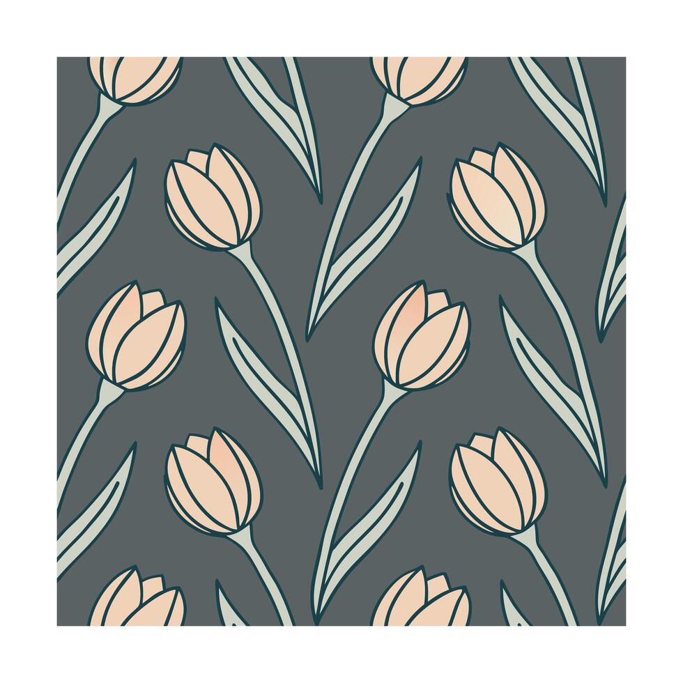 Seamless pattern stylized peach tulips with green stems leaves on a dark gray floral vector