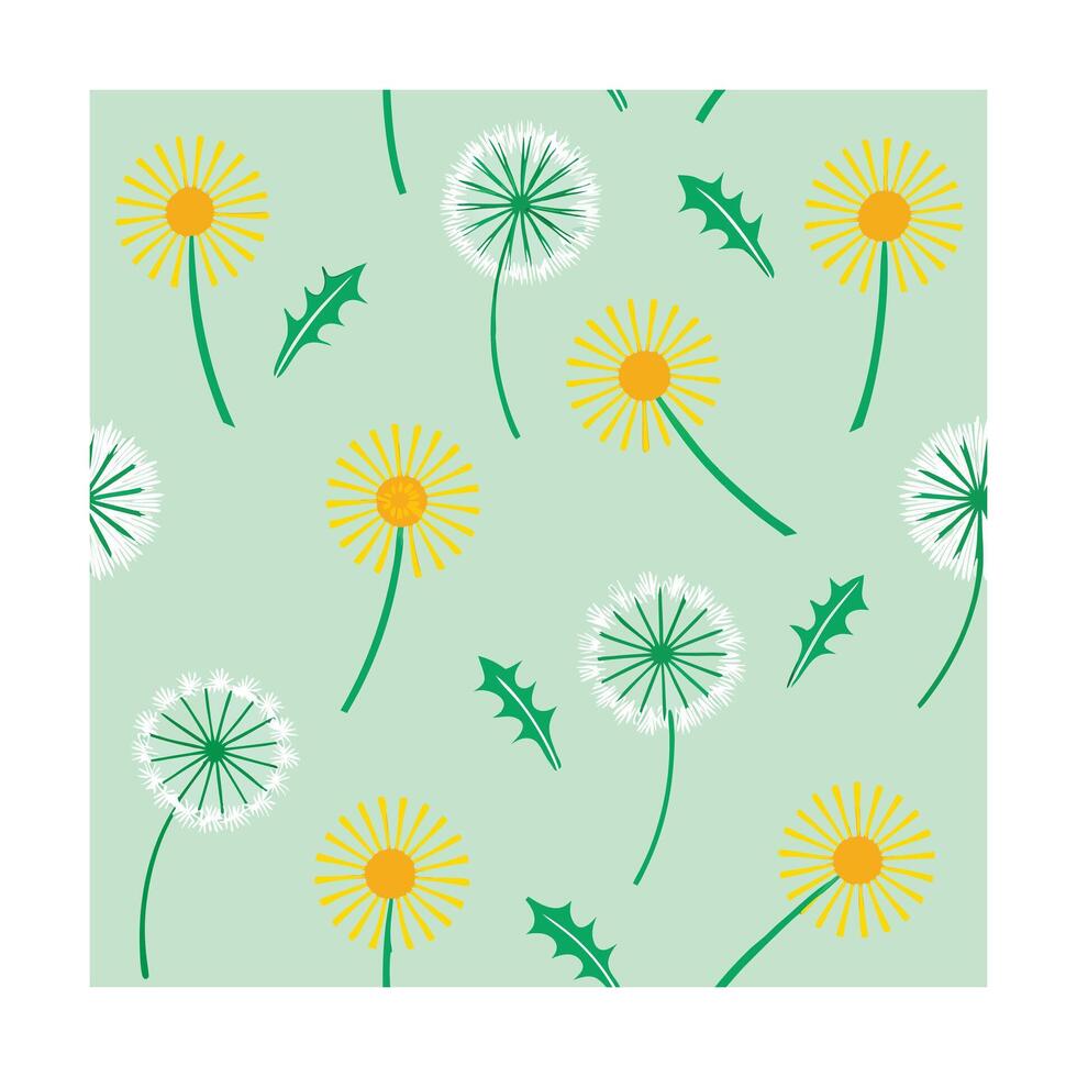 Seamless pattern yellow dandelions with green stems leaves on a light green flower vector