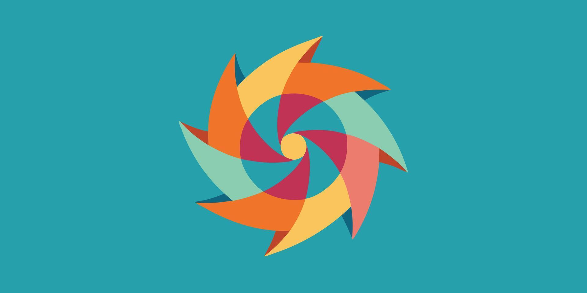 Colorful geometric pinwheel design on teal with orange yellow red teal shapes abstract vector