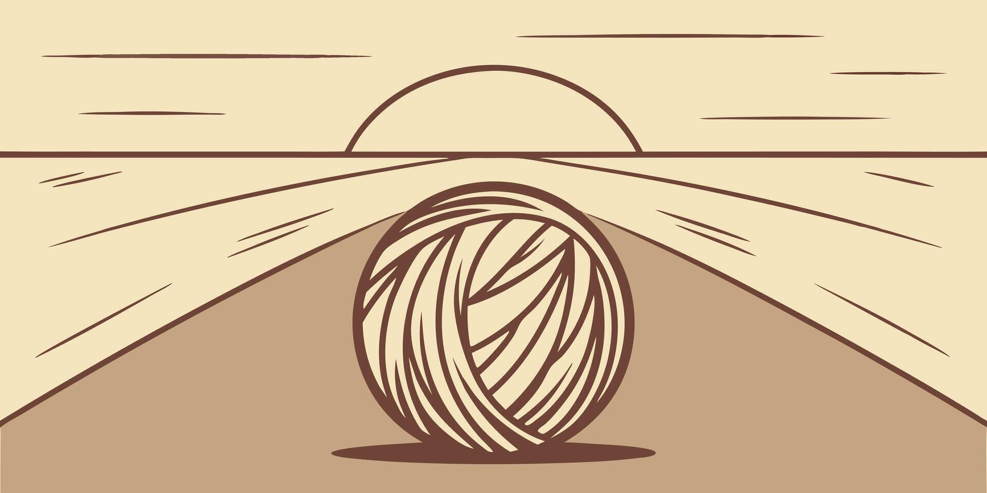 Stylized tumbleweed rolling across a flat desert landscape with a setting sun sunset vector