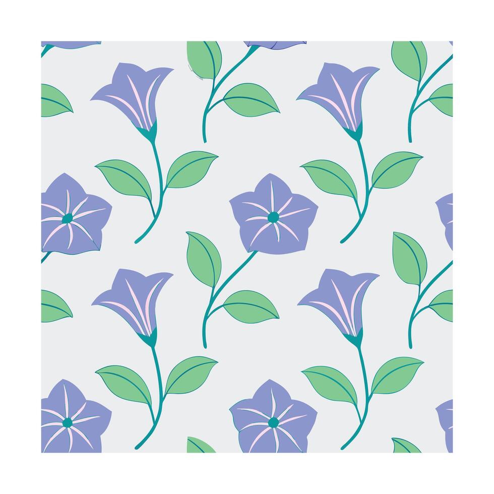 Seamless pattern stylized bellflowers in light purple green pink on a light gray vector