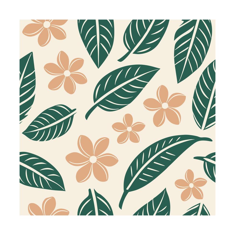 Beige green floral pattern with stylized plumeria flowers leaves vector