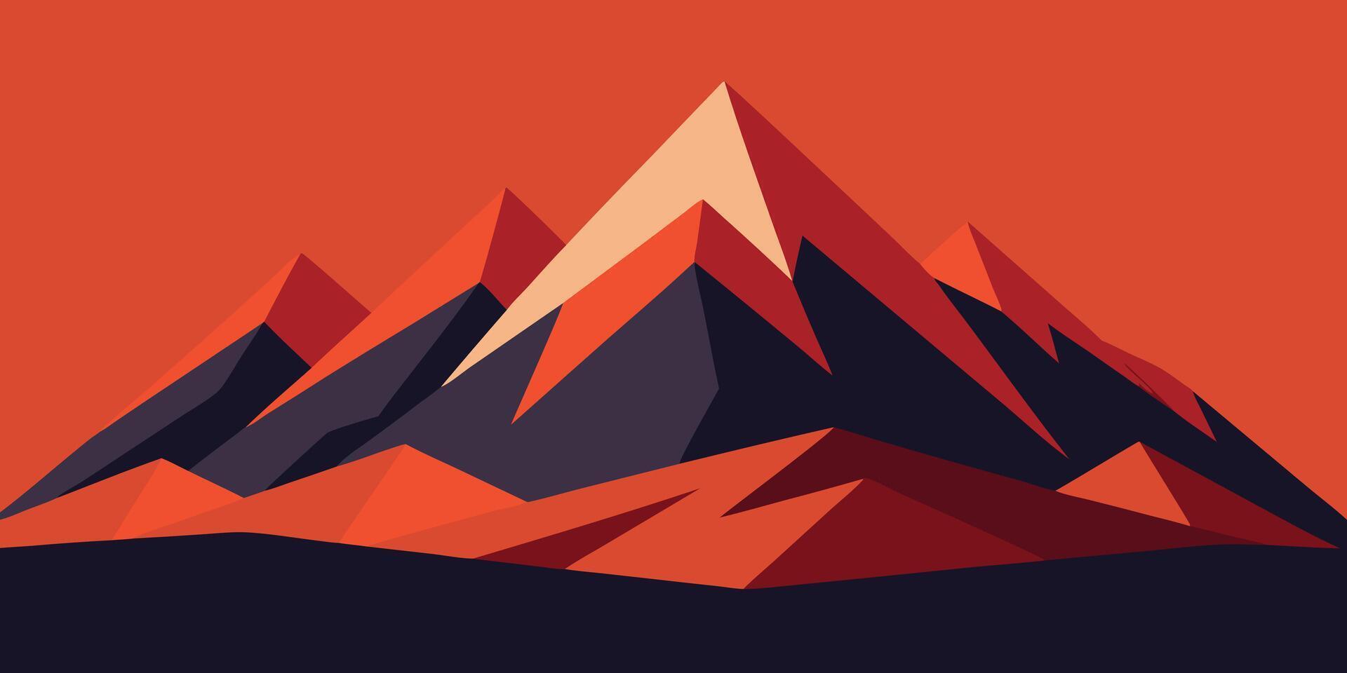 A mountain range in shades orange red dark blue with geometric shapes landscape graphic vector
