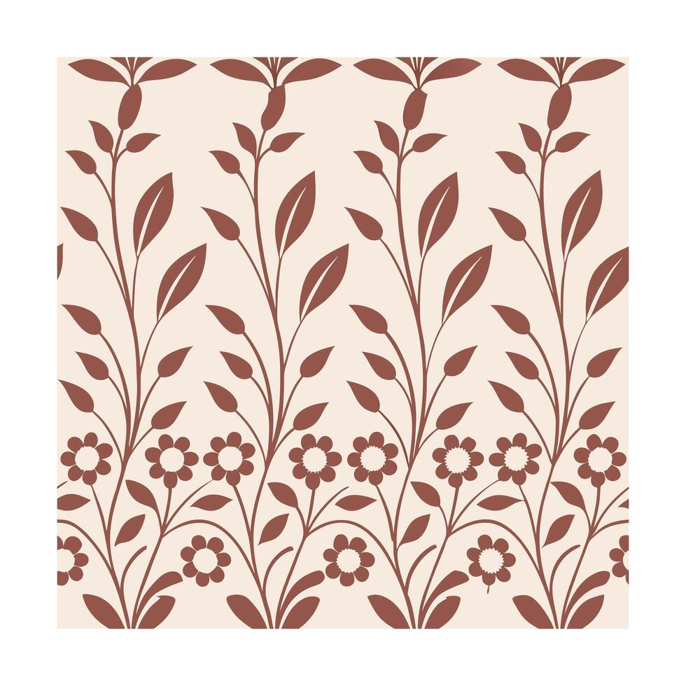 Brown floral border with stylized leaves flower pattern on beige flowers branches vector