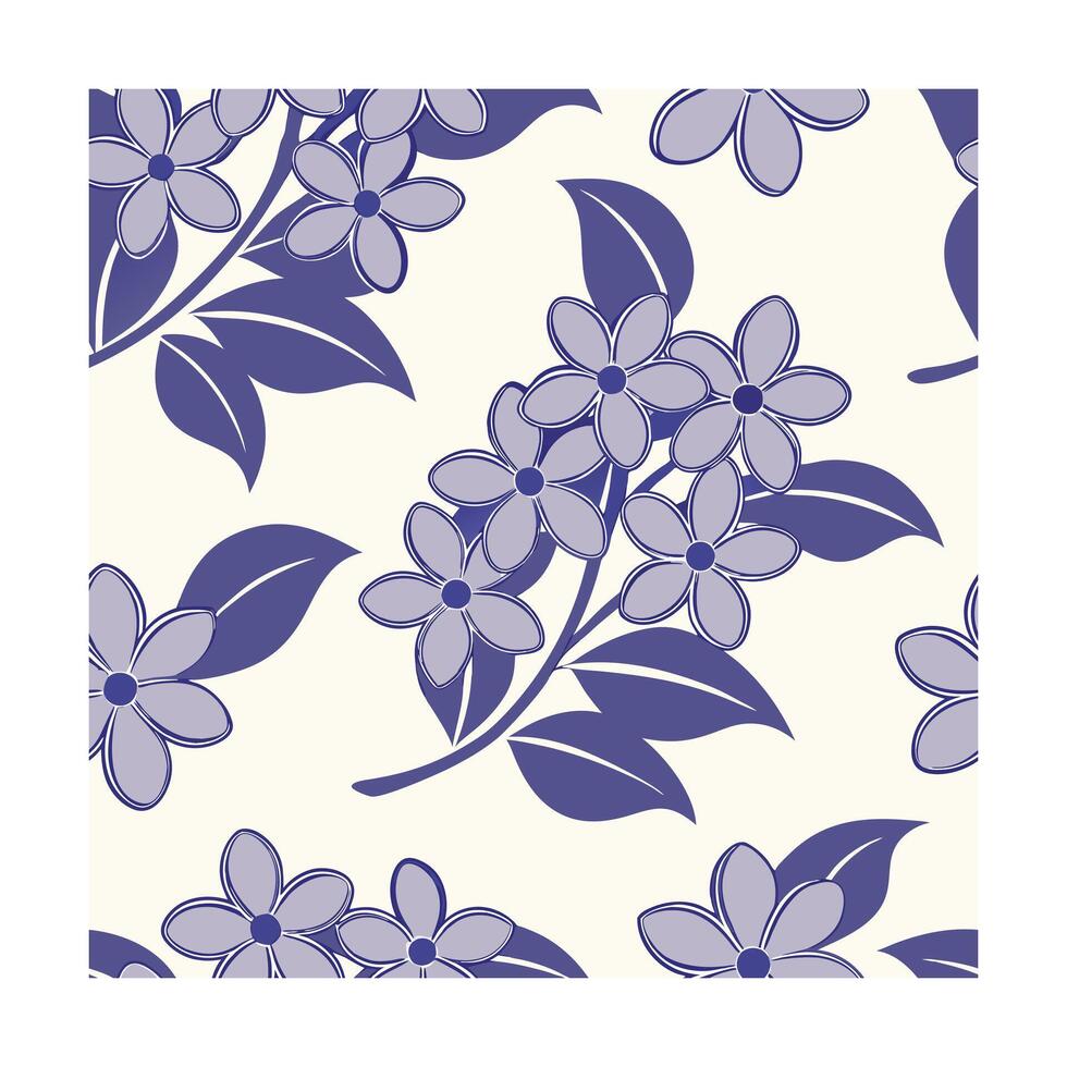 Floral Pattern with Lilac Flowers Leaves in Blue on a Cream blooms vector