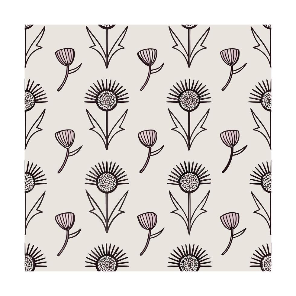 Repeating pattern stylized thistle dandelion flowers in dusty rose on beige floral vector