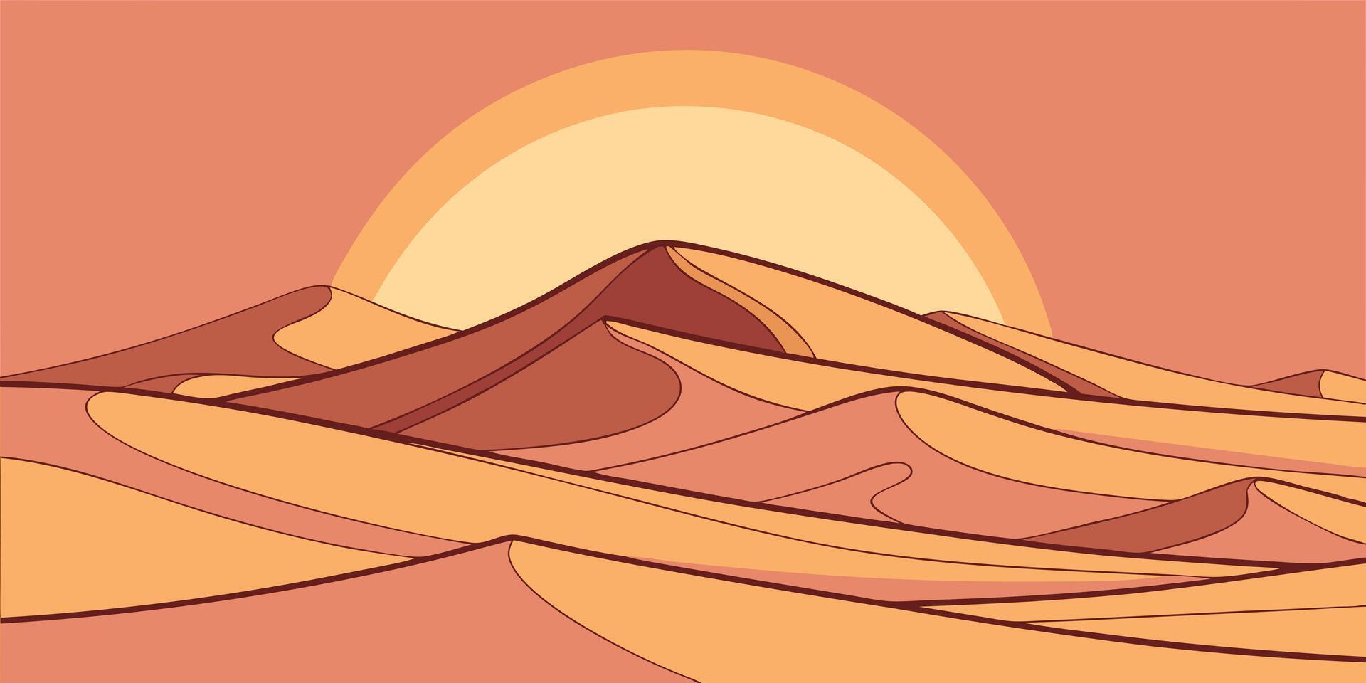 Stylized desert landscape with layered sand dunes a warm sunset vector
