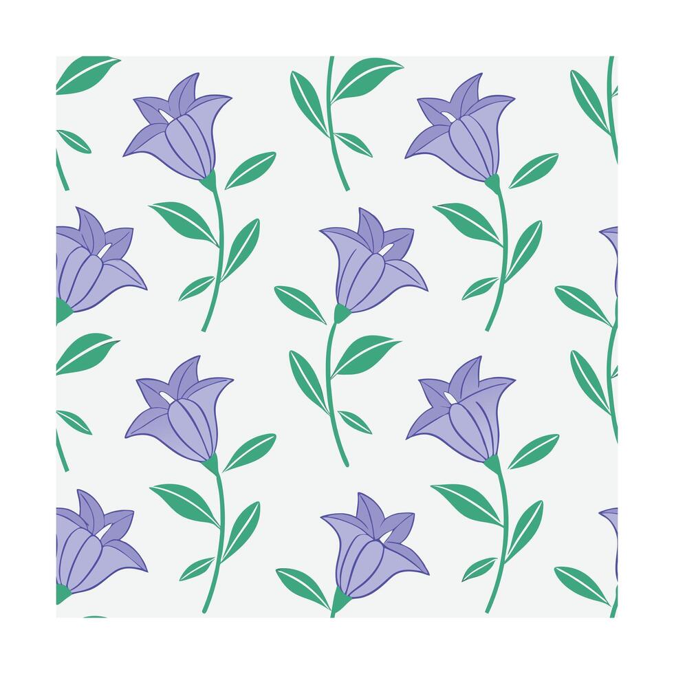 Repeating pattern stylized lavender bellflowers with green stems leaves on floral vector