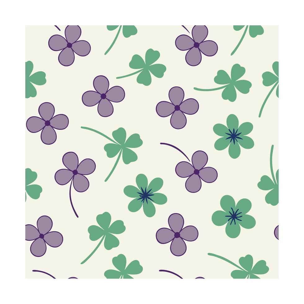 Seamless floral pattern with purple violets green clovers stems on cream flower vector
