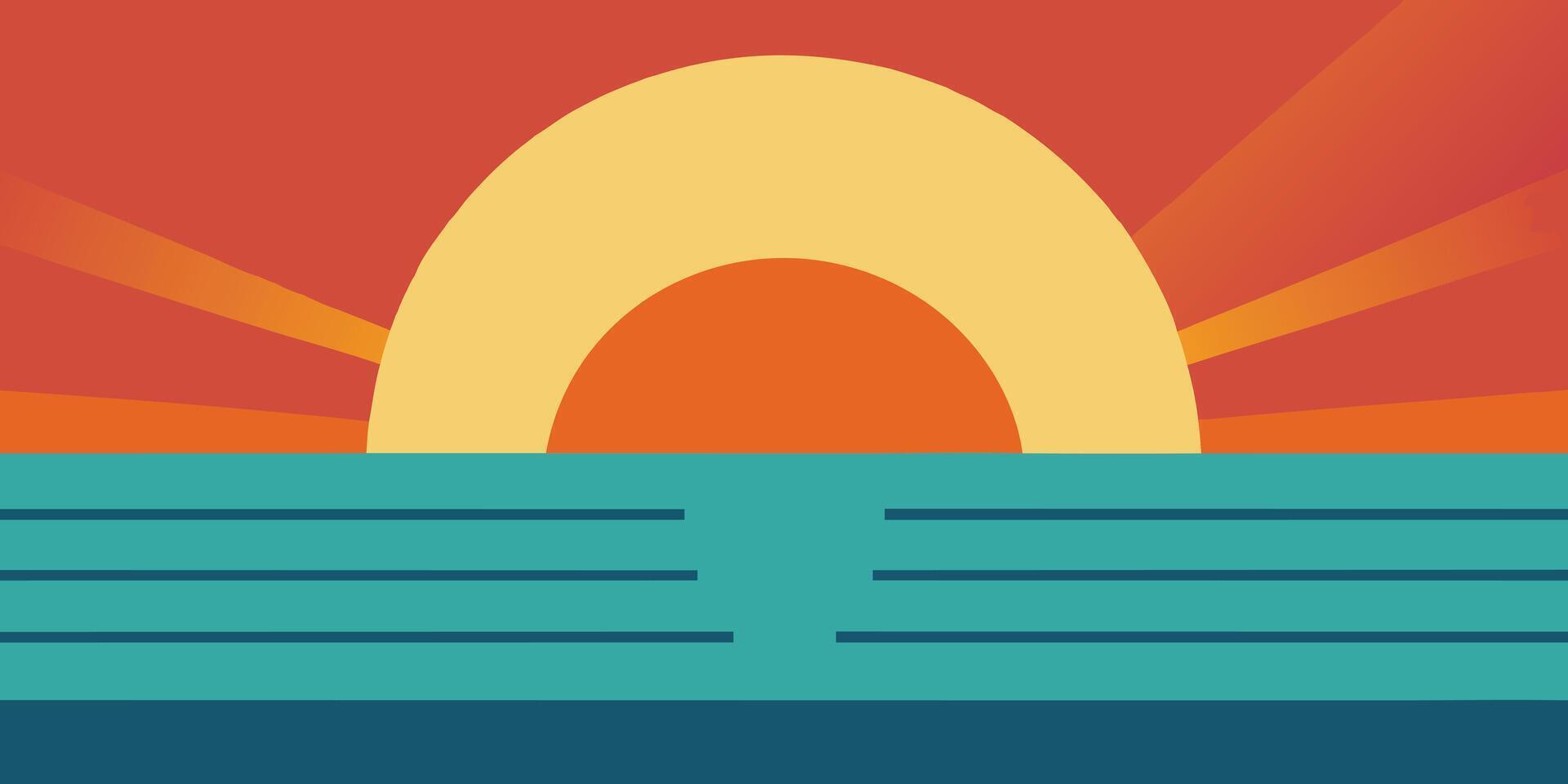 Abstract sunrise over water with sun rays ombre sky in flat graphic style sunset vector
