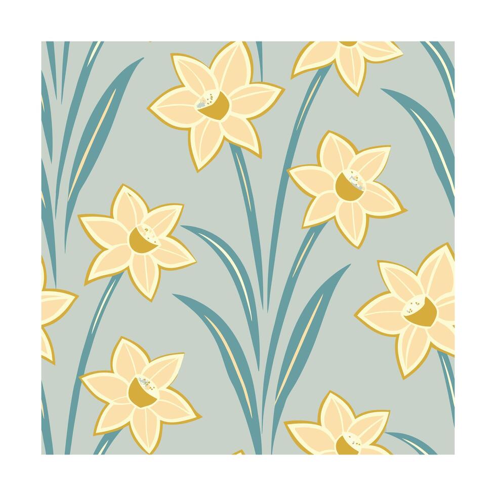Seamless floral pattern stylized yellow daffodils with teal stems leaves on a light gray vector