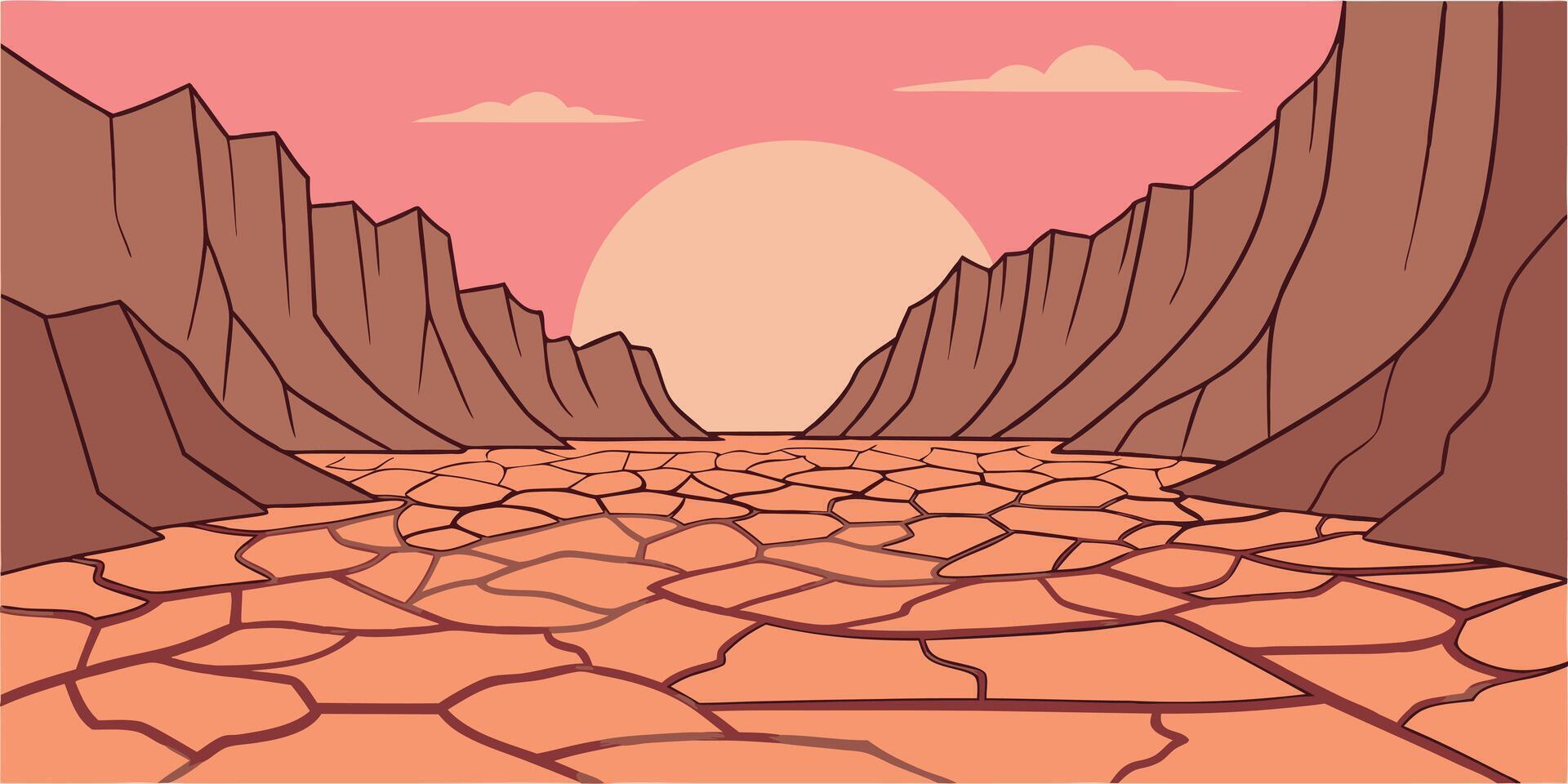 Stylized desert landscape with dry cracked earth cliffs a setting sun vector