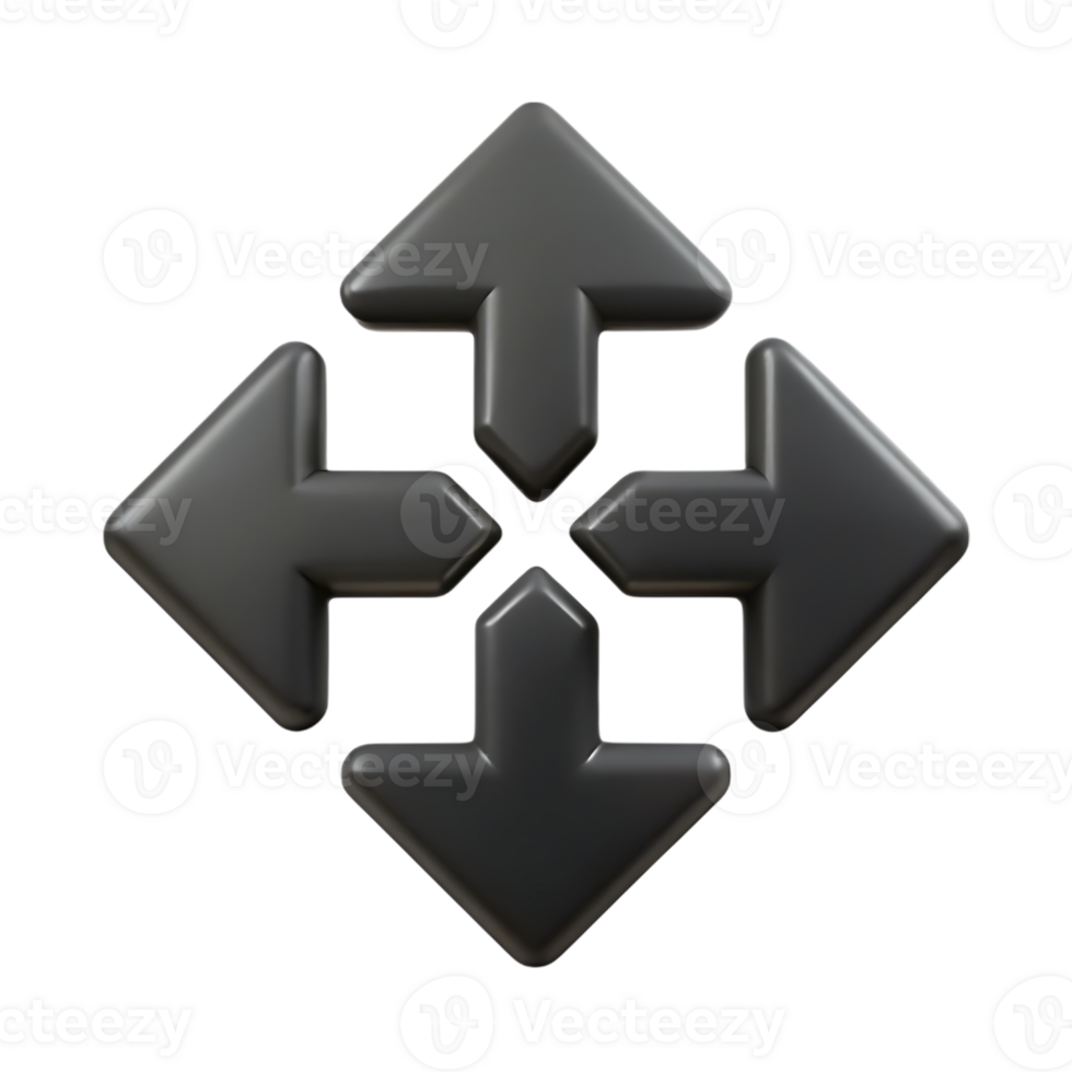 Illustration of four black 3d arrows forming a cross isolated on transparent background png