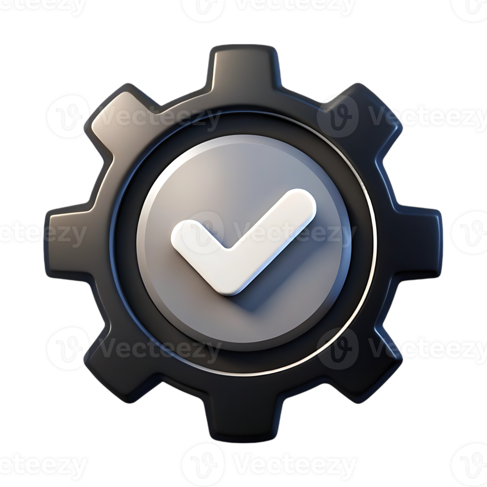 Illustration of a 3d black gear with a white checkmark, isolated on transparent background png