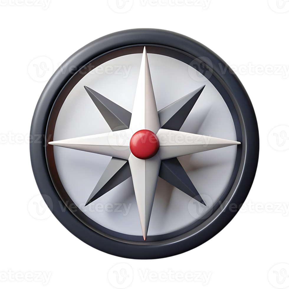 Illustration of a 3d compass with a red center, isolated on transparent background png