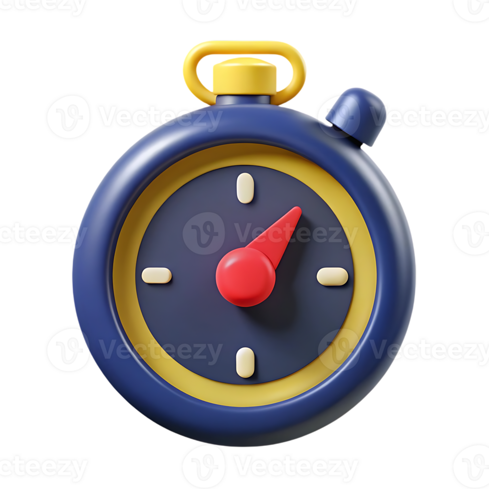 Illustration of a 3d stopwatch icon with a red secondhand, isolated on transparent background png