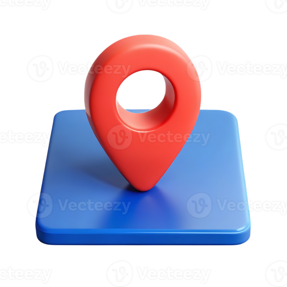 Illustration of a red 3d location pin icon on a blue square isolated on transparent background png
