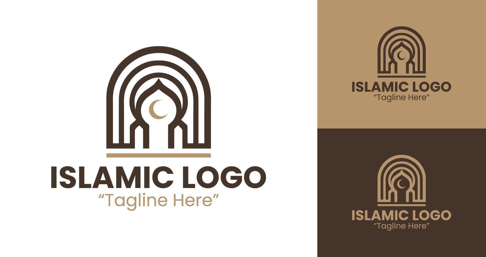 Minimalist and Iconic Islamic Logo Design in Brown and Dark Blue with Crescent and Mosque Elements vector