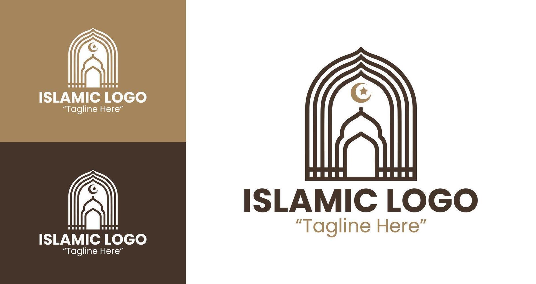 Premium Islamic Logo Design with Crescent and Mosque Elements in Brown and Dark Blue vector