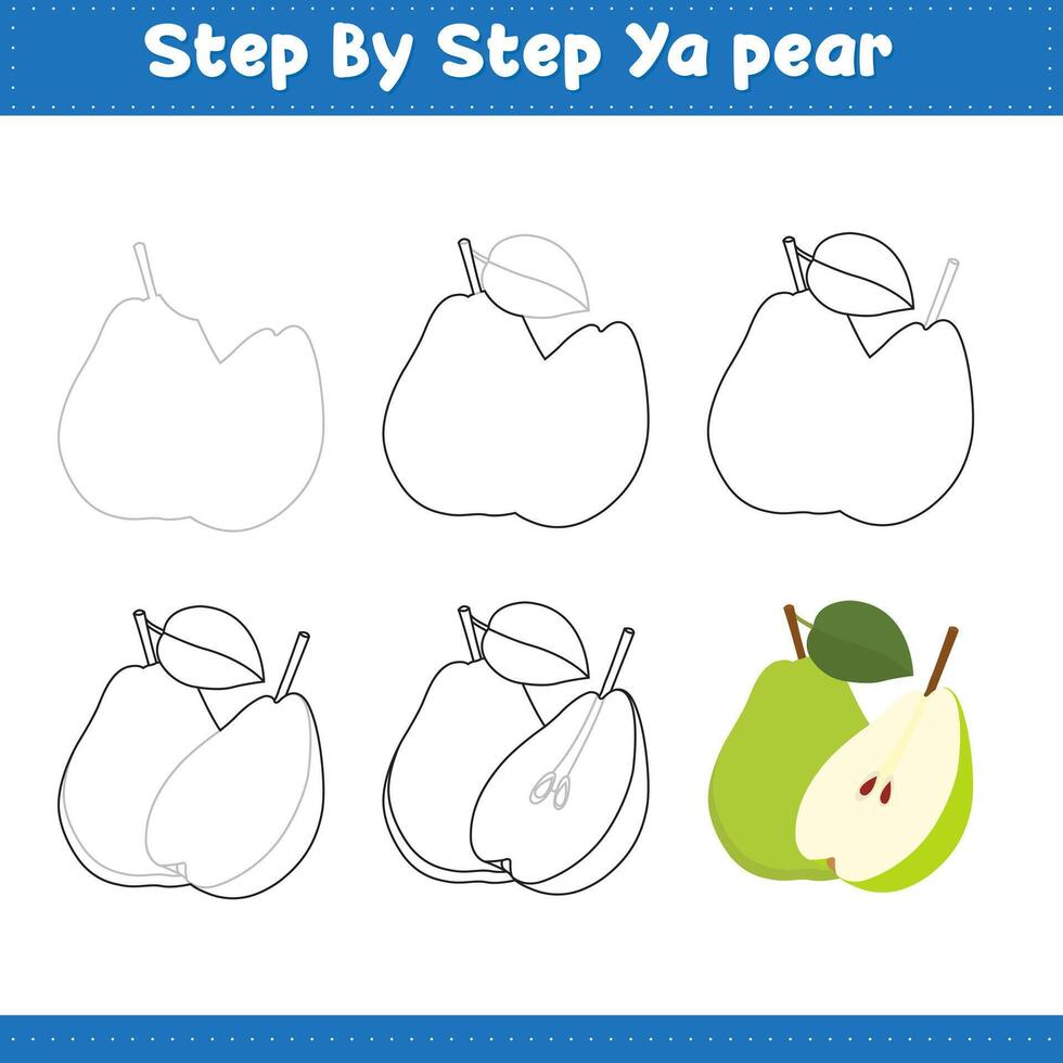 Step By Step Drawing Lime For Kids. Ya pear Green Food Drawing Tutorial On How To Draw vector