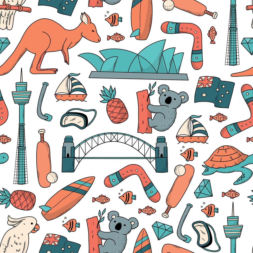Colorful Australian animals and symbols pattern vector
