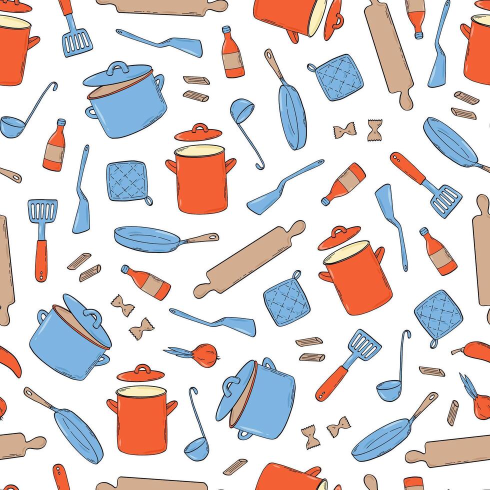 Kitchen utensils, kitchenware doodles seamless pattern for wallpaper, textile prints, backgrounds, social media decor, etc. EPS 10 vector
