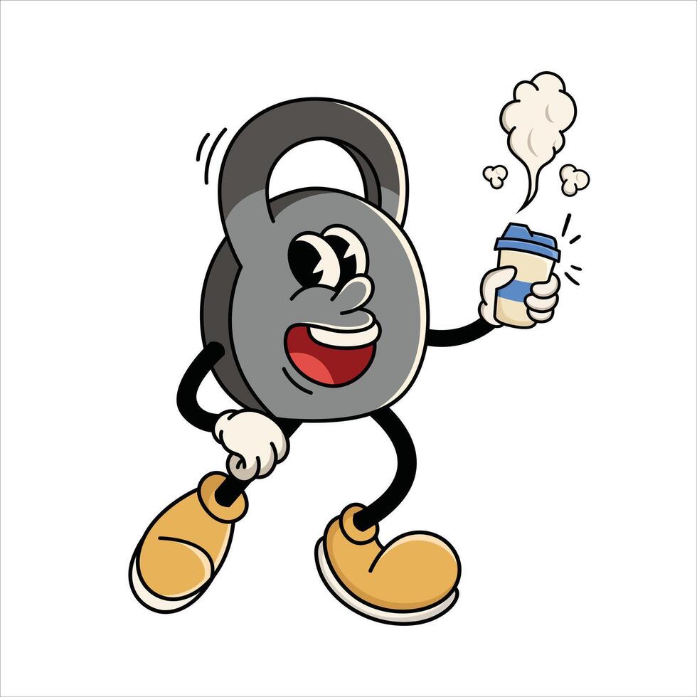 Cartoon Kettlebell Mascot Holding a Cup of Coffee vector