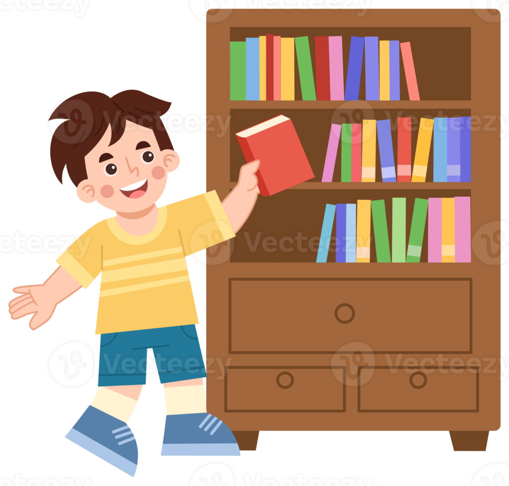 Illustration of cheerful boy taking a book from a bookshelf png