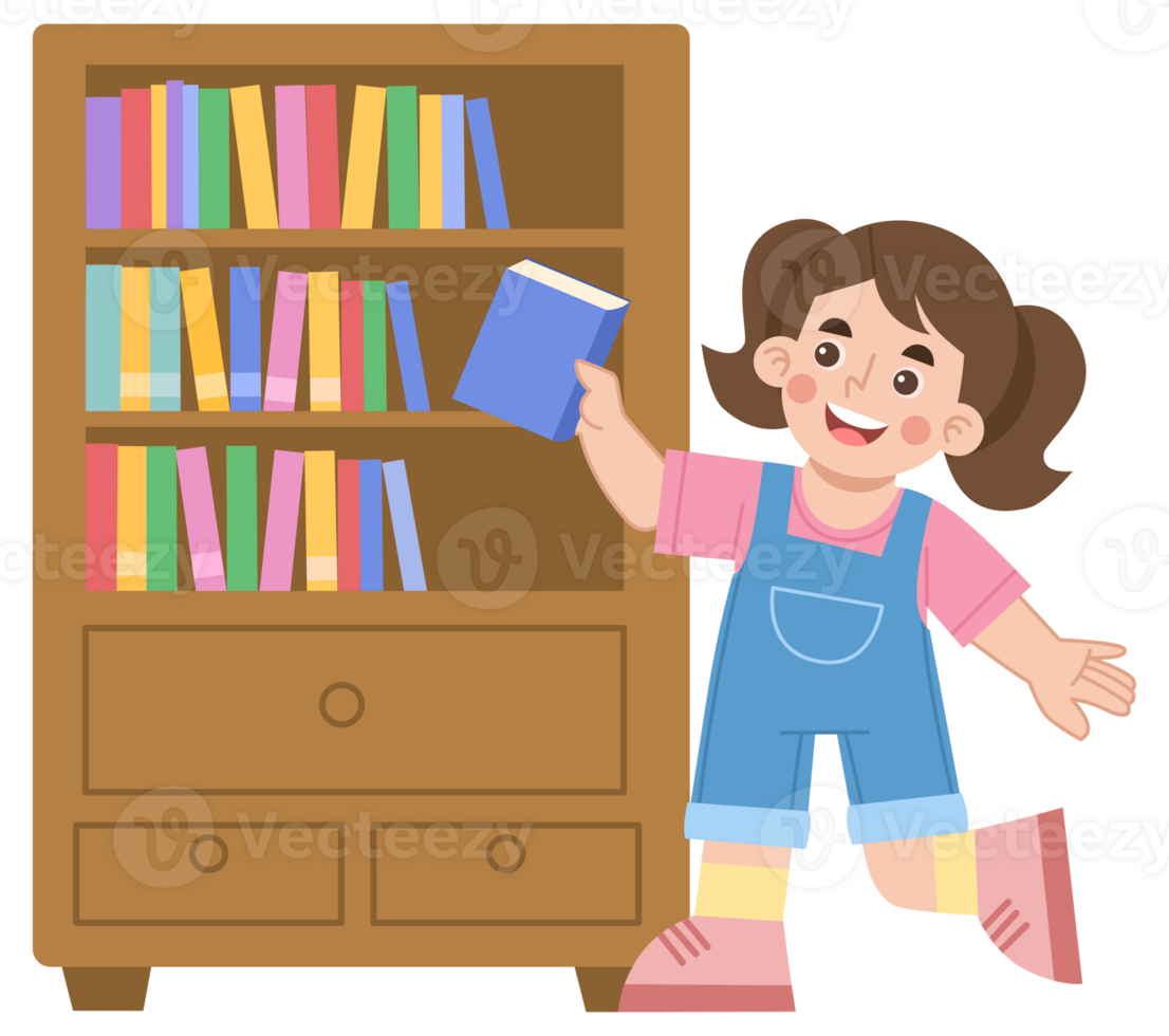Illustration of cheerful girl taking a book from a bookshelf png