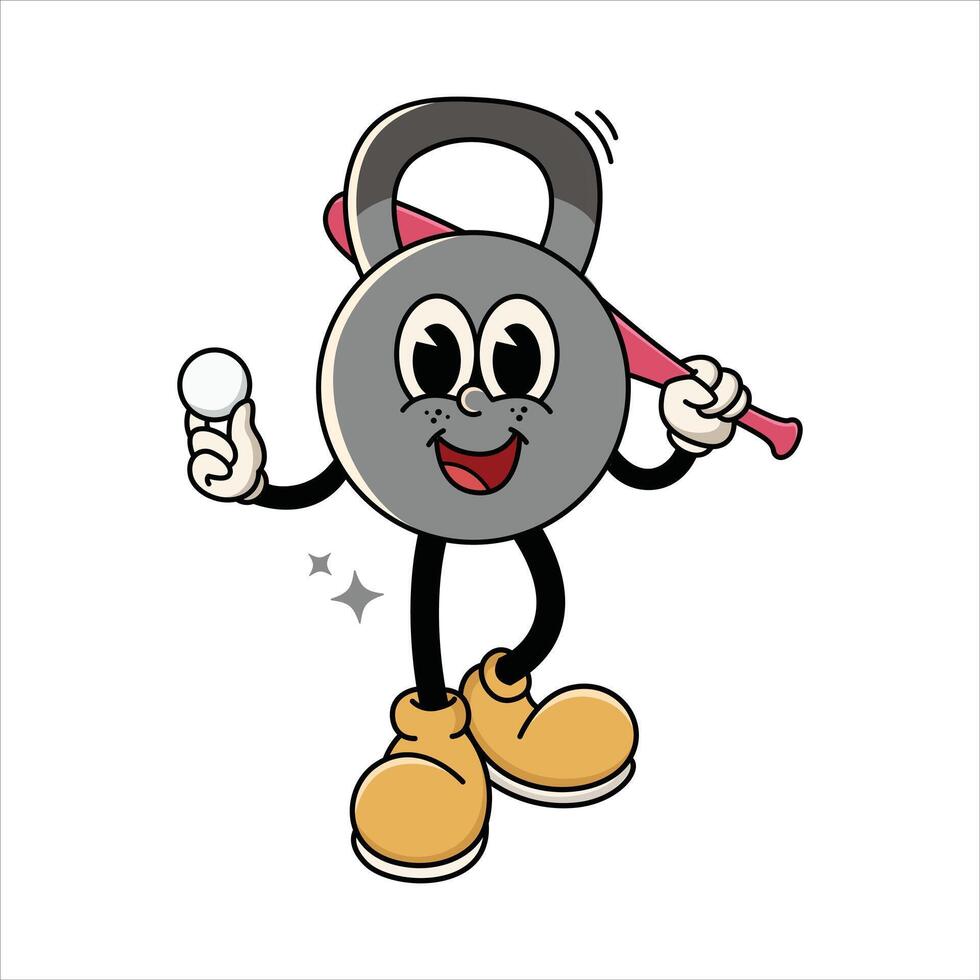 Funny Kettlebell Character Holding Bat and Ball Playing Baseball vector