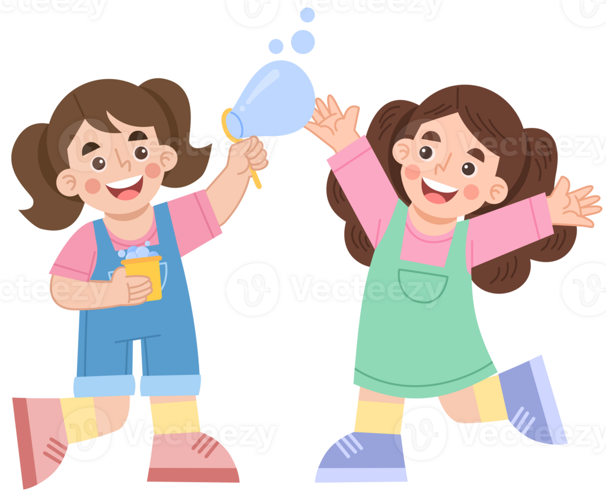 Illustration of cheerful little girl playing with bubbles png