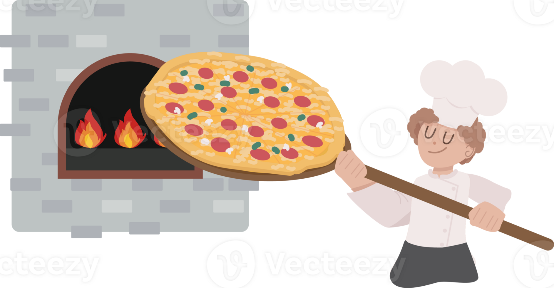 cute flat style cartoon italian man chef making pizza in oven png