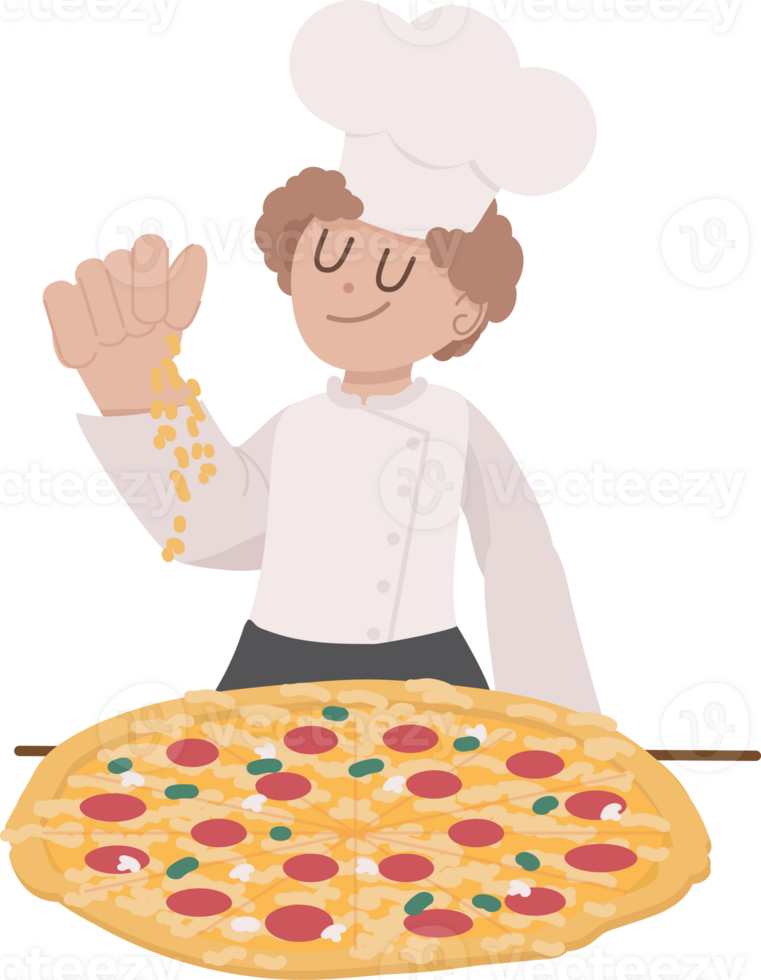 cute flat style cartoon italian man chef making pizza cheese png