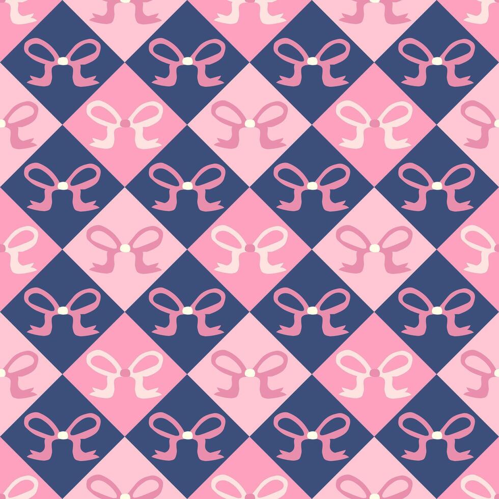 A charming pattern of alternating pink and navy blue squares, each adorned with a cute bow vector