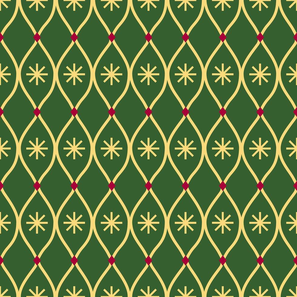 A festive green pattern features golden, leaf-like curves intersecting with small red dots, framing yellow asterisk-like stars vector