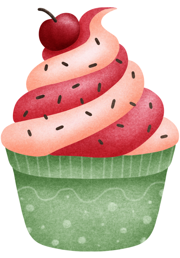 Isolated cute red icecream cupcake with cherry on top in crayon art style and transparent background png