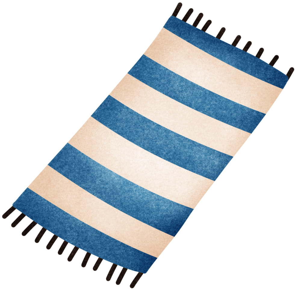 Isolated blue white strip picnic blanket beach towel in crayon style on transparent background png