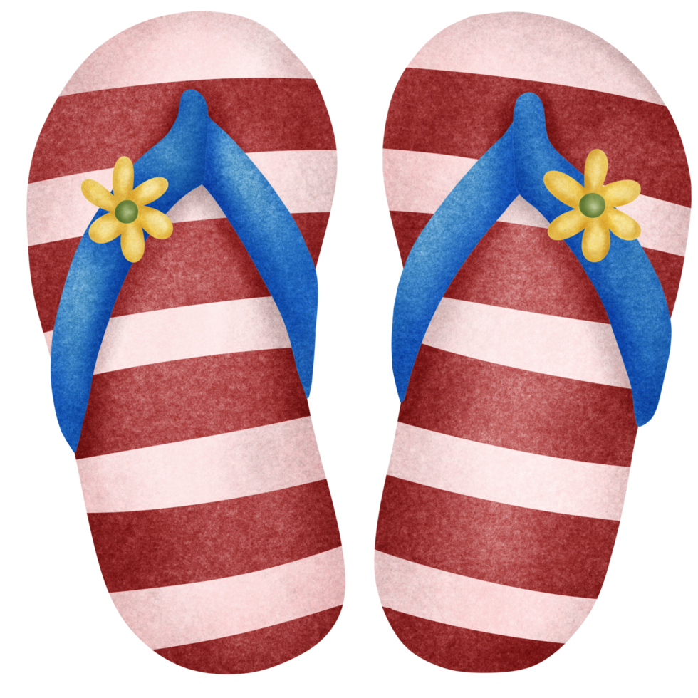 Isolated red white strip flip flop shoes footwear on summer beach in crayon art style on transparent background png