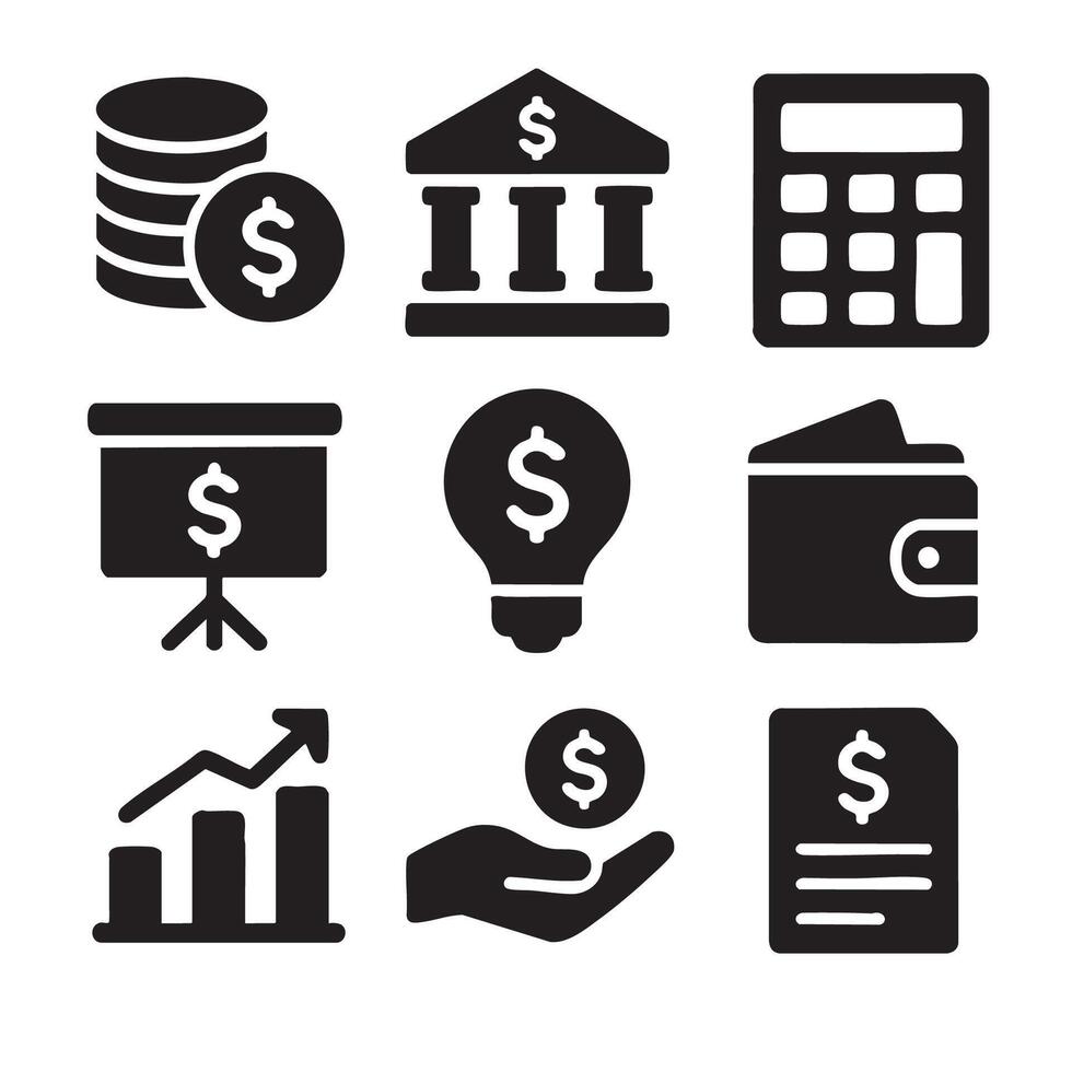 Finance and Banking Icons Set in Flat Black Silhouette Style for Business and Investment Applications vector