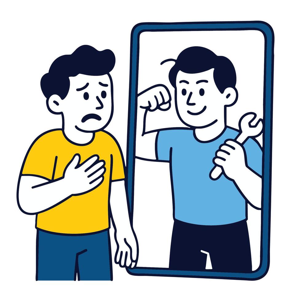 Self improvement concept with person looking at confident reflection in mirror vector
