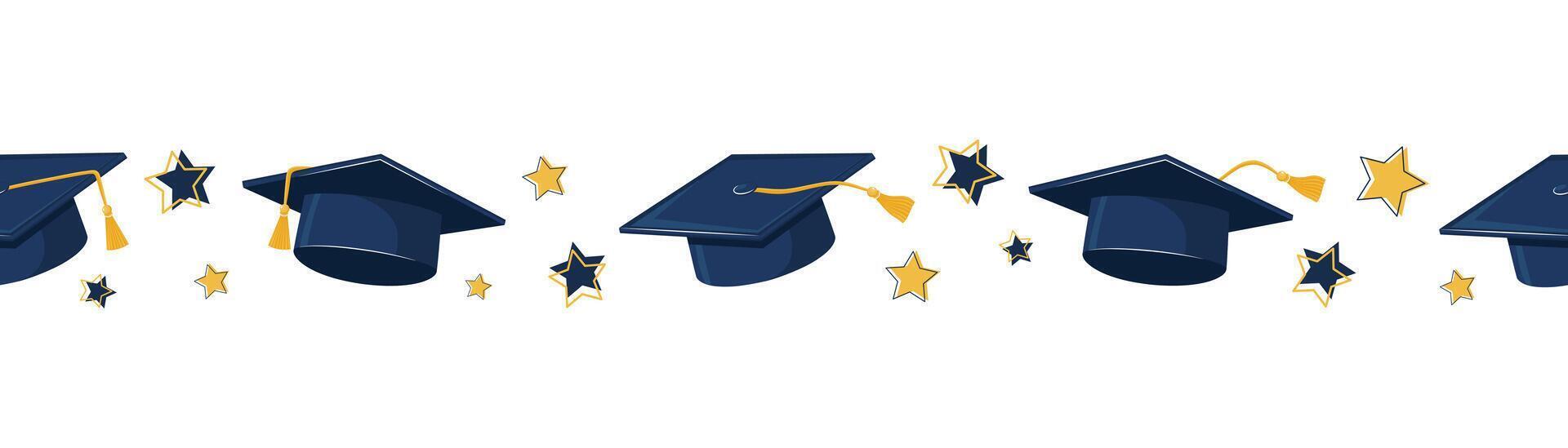 Seamless Border Strip With Academic Caps, Gold Stars, And Tassels Arranged Horizontally On White. Education Celebration Concept For Banner And Print. vector