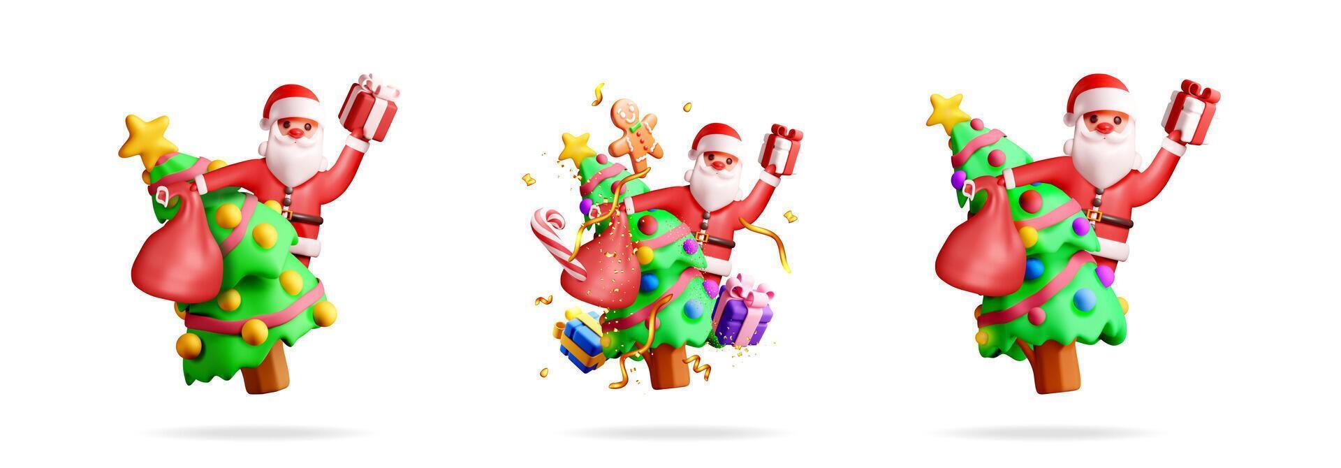 Santa with Christmas trees and presents vector