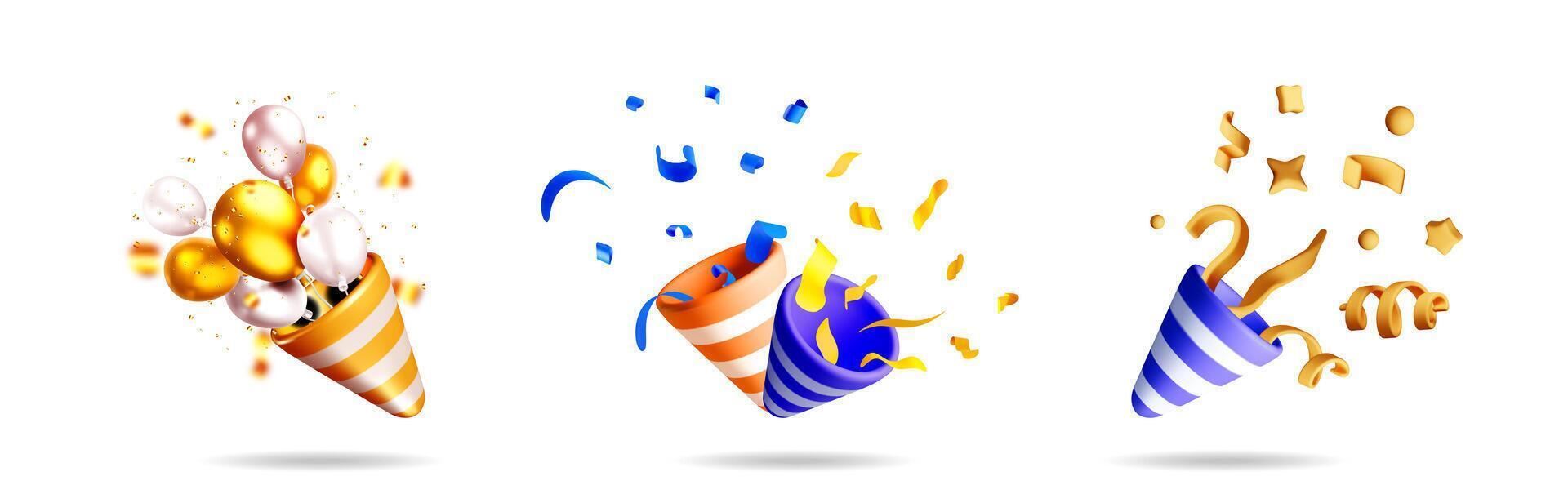 Colorful party poppers bursting with confetti vector